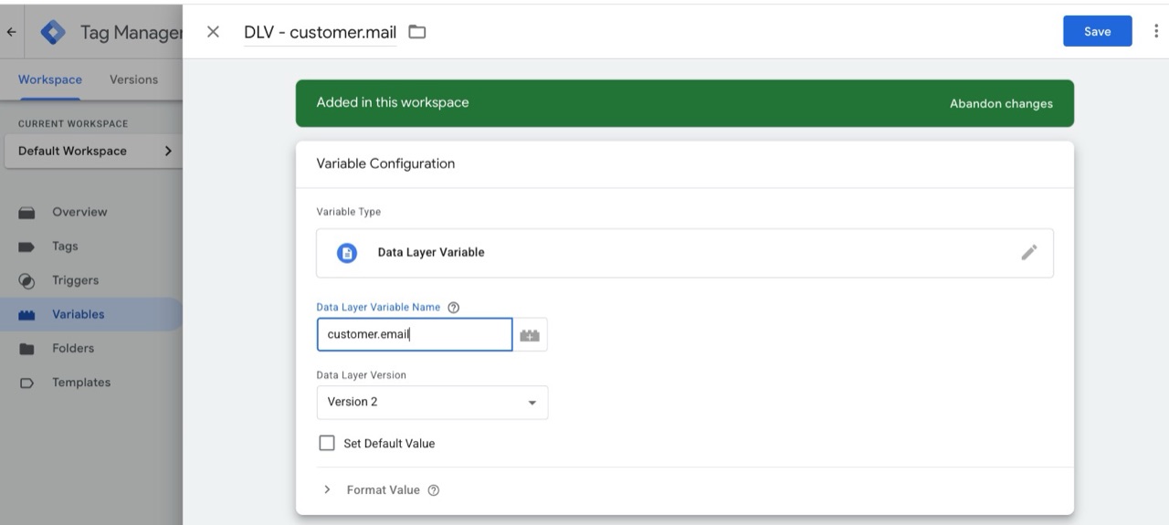 GTM: Datenschichtvariable mit dem Pfad customer.email