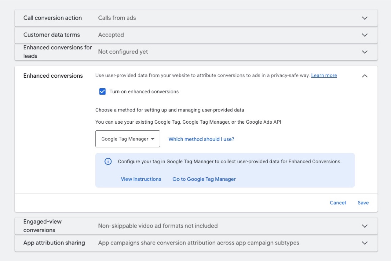 Google Ads: Conversion-Action mit aktiviertem Toggle Erweiterte Conversions und Methode Google Tag Manager