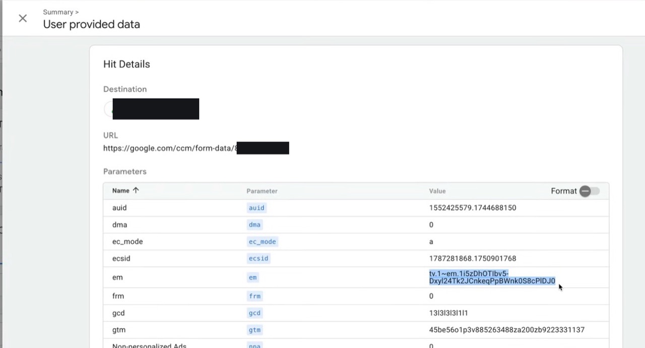 GTM Tag Assistant: Hit-Details des Google-Ads-Tags mit dem em-Parameter (tv.1~em, gehashte Email)