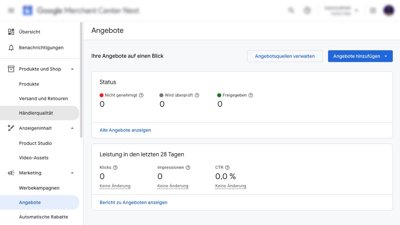 Merchant Center: der Bereich Angebote im Marketing-Menü mit Button Angebote hinzufügen