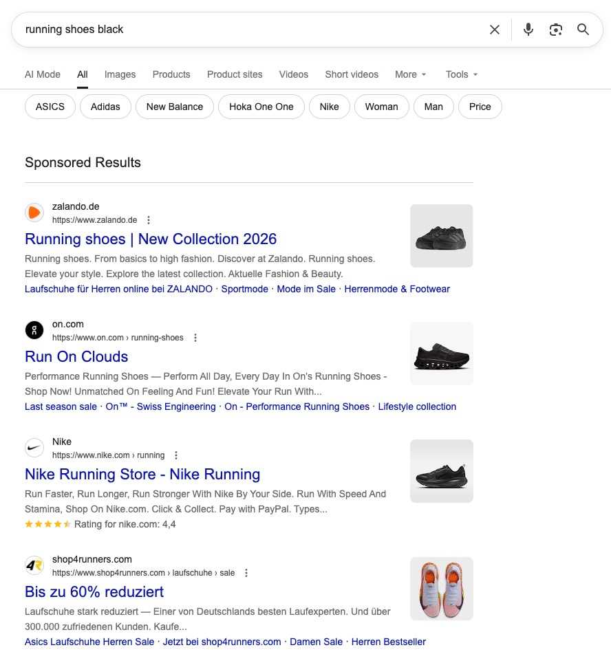 Three search ads in Google results for "running shoes black", each with headline, description, sitelinks underneath and an image asset on the right
