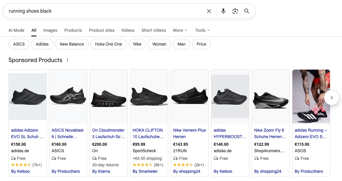 Shopping ads in Google search results for "running shoes black", several merchants side by side with product image, price and shipping info