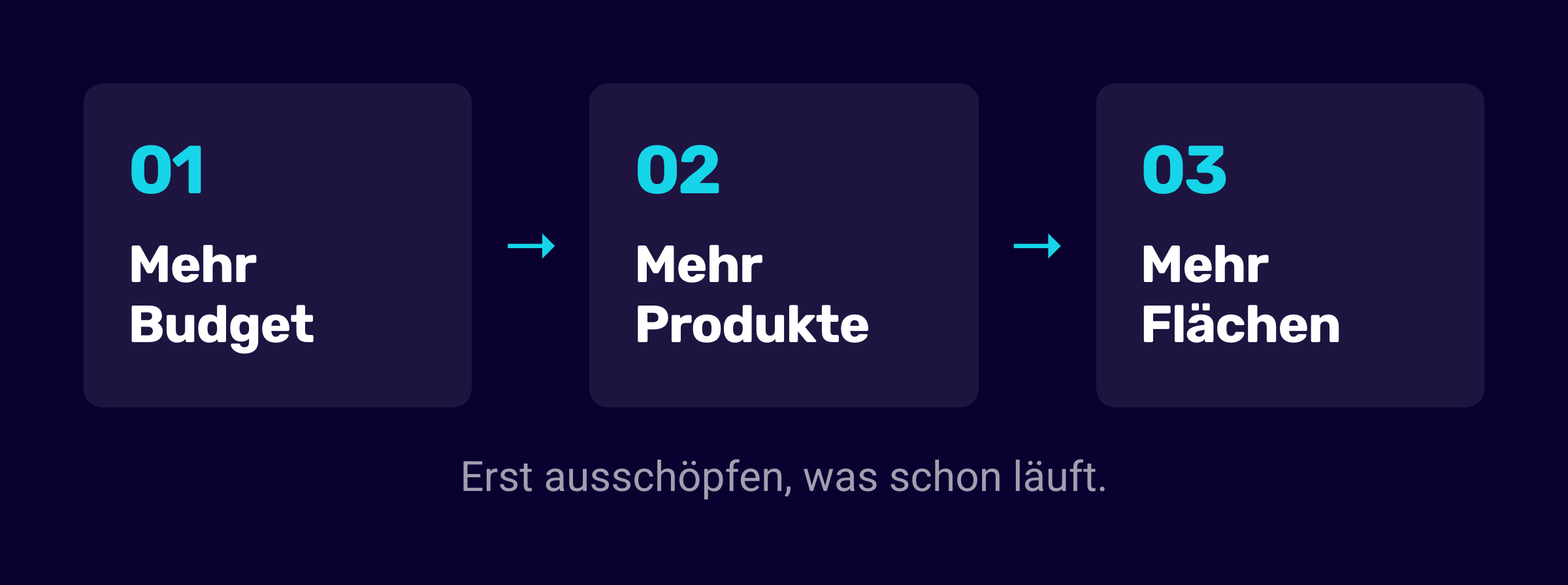 Die drei Richtungen beim Skalieren: mehr Budget, mehr Produkte, mehr Flächen, in dieser Reihenfolge