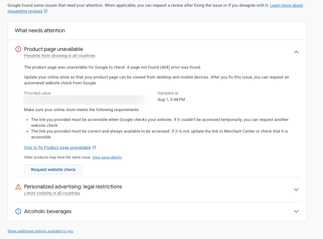 Detailansicht eines abgelehnten Produkts: Product page unavailable mit dem Button "Request website check"