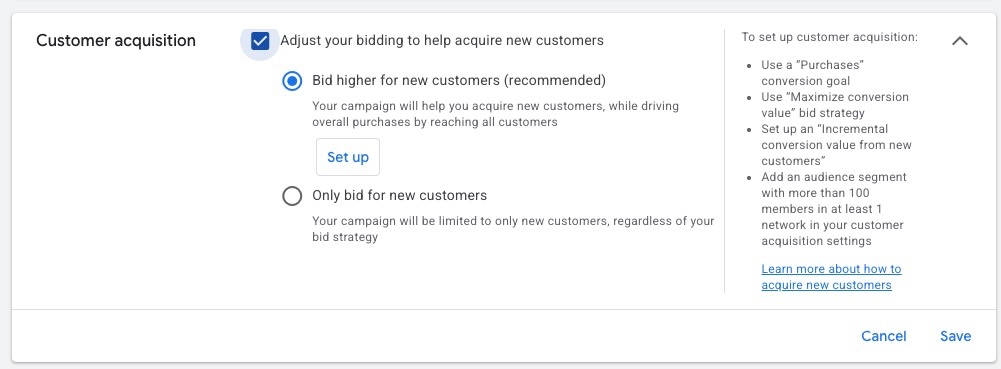 Google Ads Customer-acquisition-Einstellung mit den Optionen Bid higher for new customers und Only bid for new customers sowie den Voraussetzungen für die Neukundengewinnung